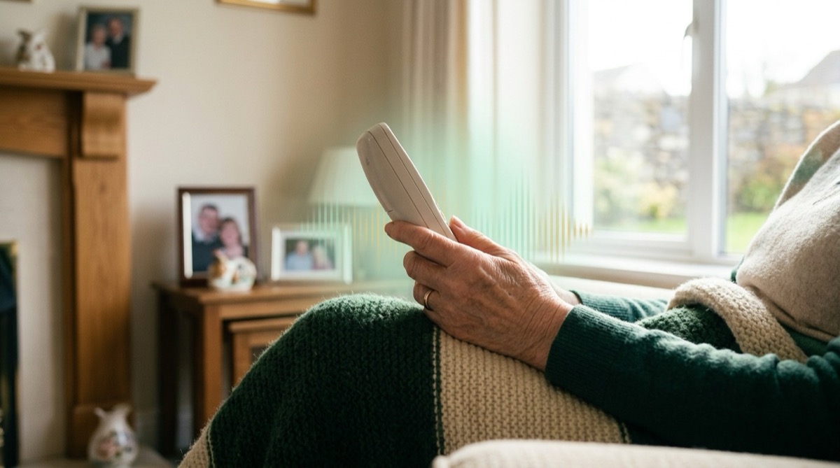 An older woman's hands holding a telephone at a window in a warm Irish living room, a sound wave idea in soft light