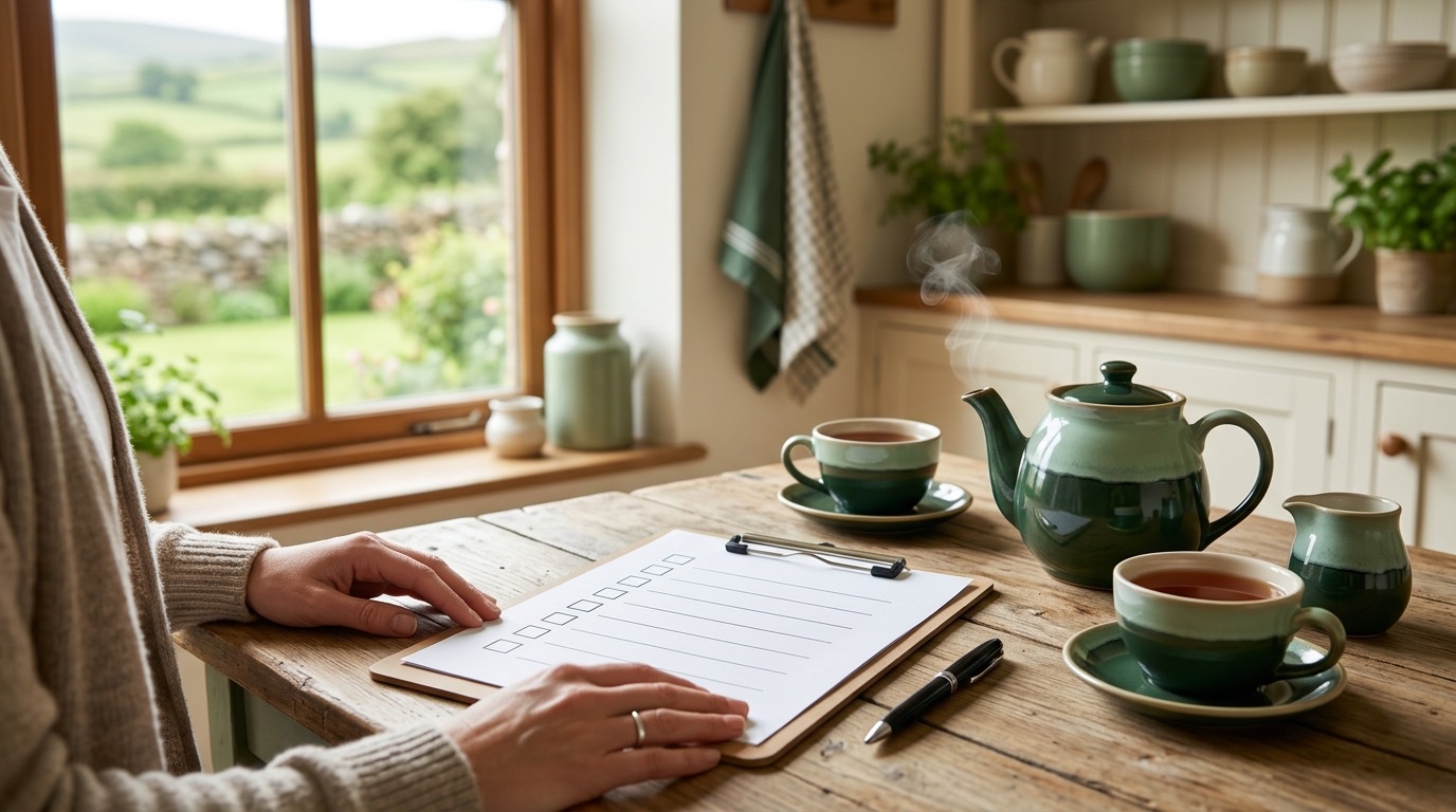 A clipboard with a checklist, a pen and a cup of tea on a wooden table in a bright Irish kitchen