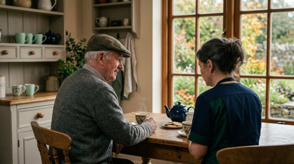 A carer and an older man smiling over a cup of tea at a kitchen table in a bright Irish home