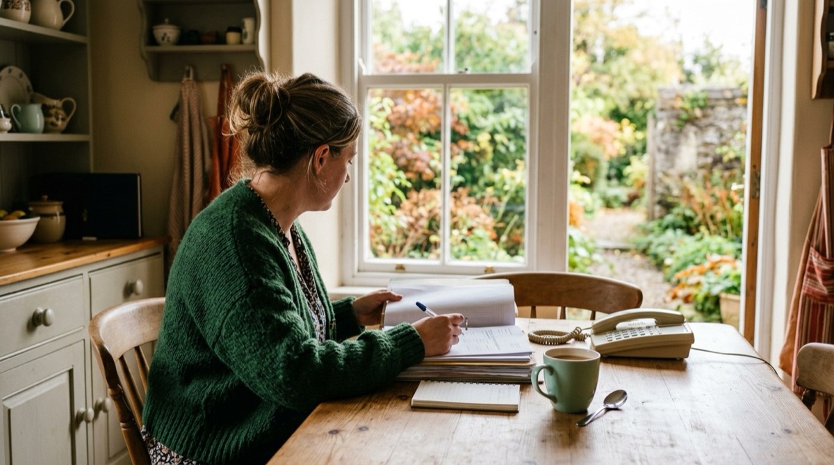 A care coordinator at a kitchen table in an Irish home reviewing papers beside a telephone, warm morning light