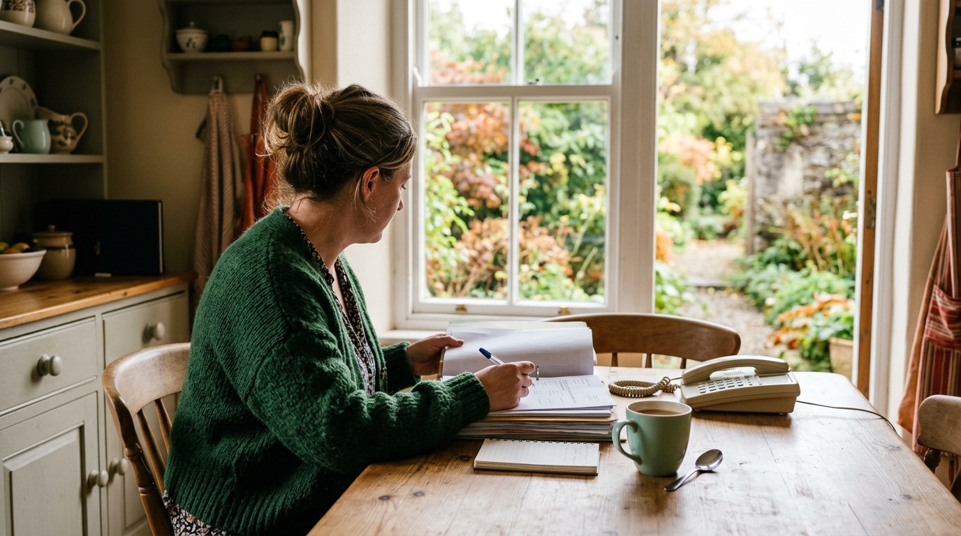 A care coordinator at a kitchen table in an Irish home reviewing papers beside a telephone, warm morning light