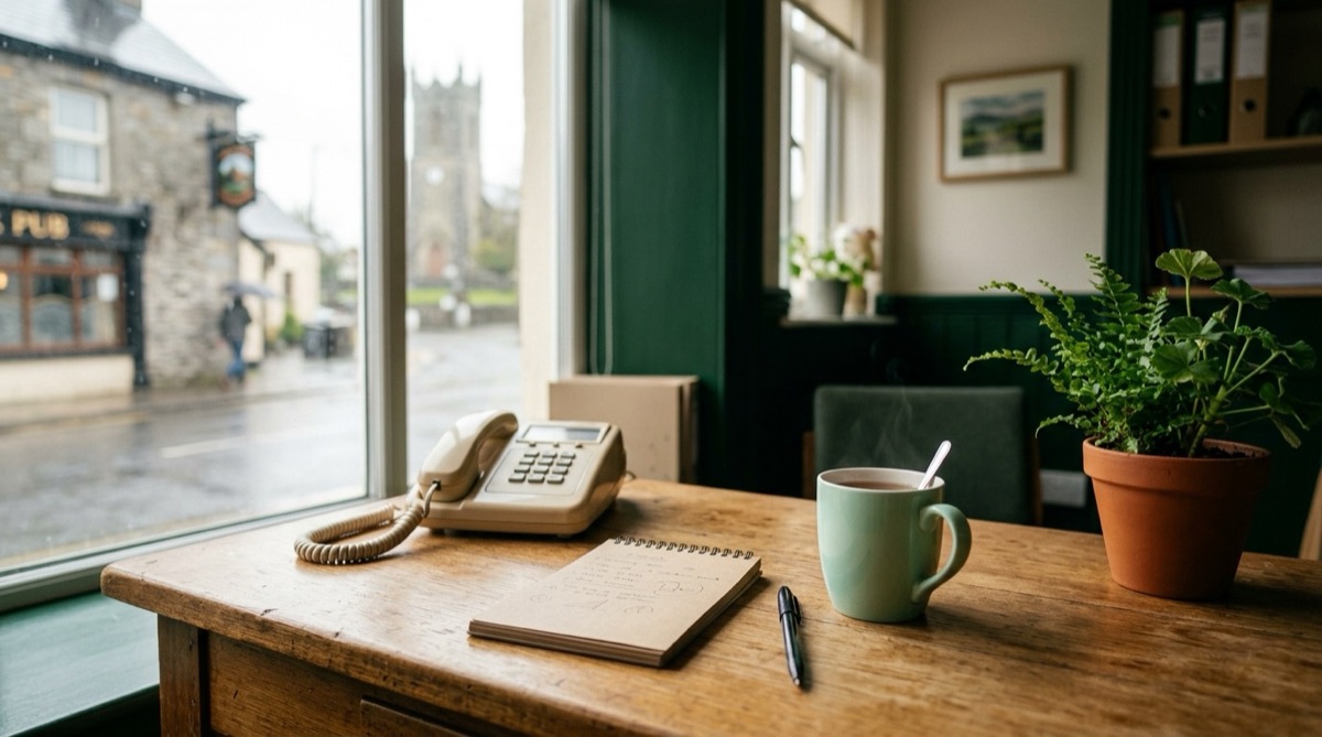 A desk telephone and a notepad with a pen in a small agency office, soft daylight through a window